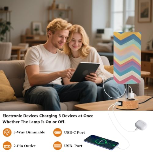 Kigai Colorful Folded Threads Touch Control Bedside Table Lamp 3 Way Dimmable Nightstand Lamp with USB A+C Charging Ports & AC Outlet Fabric Shade for Bedroom Desk Living Room