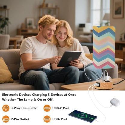 Kigai Colorful Folded Threads Touch Control Bedside Table Lamp 3 Way Dimmable Nightstand Lamp with USB A+C Charging Ports & AC Outlet Fabric Shade for Bedroom Desk Living Room