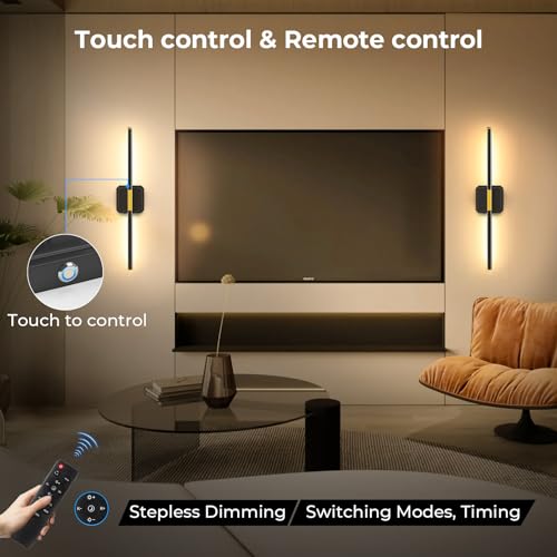 Battery Operated Wall Sconces 360°Rotate Detachable Dimmable Set of 2 | Rechargeable Wall Light 3000-6500K with Remote Control 10000mAh for Bedroom Living Room 28.3" Black Gold - color: Black-Square Base, size: 2 Pack