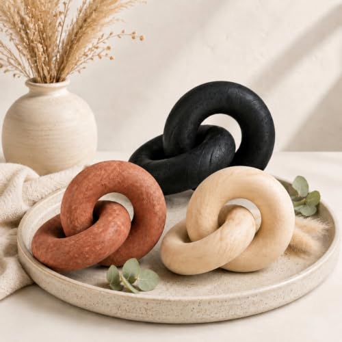 Novabright 3 Pcs Wood Knot Decor, Chain Link Decor, Rustic Home Décor Accents for Coffee Table, Modern Farmhouse Decorative Objects for Bookshelf, Entryway & Mantle, Natural, Black, Brown