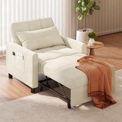 Convertible Sofa Bed, 3 in 1 Sleeper Chair for Small Space, Beige | Multi-Functional Sleeper Chair Bed, Adjustable Backrest Recliner with Modern Linen Fabric for Living Room/Bedroom/Apartment - color: Beige