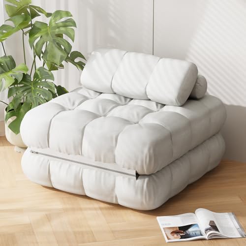 3-in-1 Folding Sofa Bed, 35.4" Convertible Sleeper Chair Bed with Pillow Back Support, Portable Pull Out Velvet Futon Lounge Couch, Comfy Floor Mattress for Living Room Bedroom - White, Single | Portable Pull Out Velvet Futon Sleeper Lounge Couch with Pil