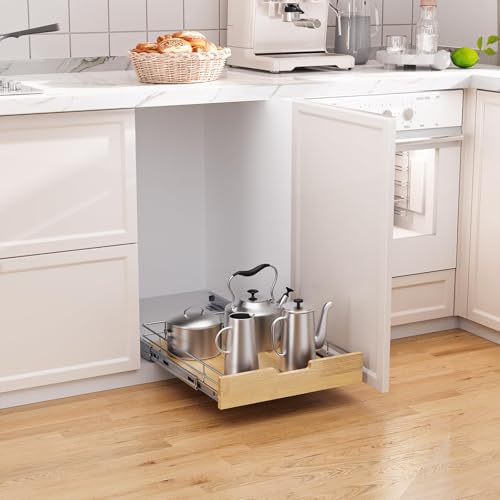 Sikarou Pull Out Cabinet Organizer 11"W x 21"D Wood and Wire Storage Shelf - size: 1-TIE 11*21 WM