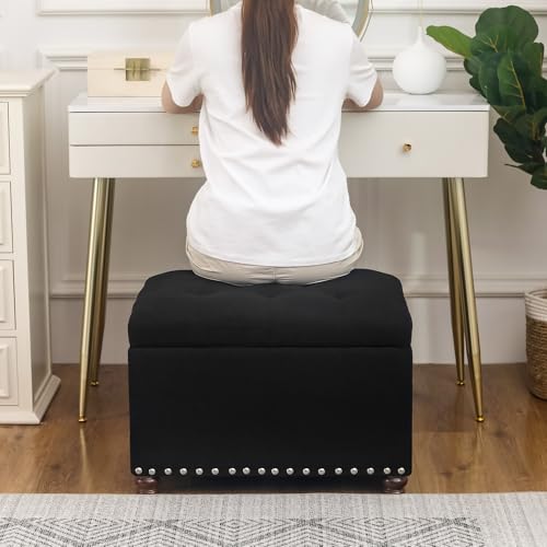 Ottoman with Storage,24" Fabric Ottoman Foot Rest with Hinged Lid Small Rectangle Upholstered Tufted Foot Stools Ottomans for Bedroom Living Room Entryway,Black - color: Dark Black