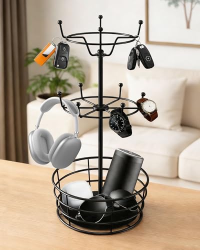 360° Rotating Coffee Cup Holder Tree | 3-Tier Metal Mug Rack with 10 Hooks, Coffee Bar Organizer Decor for Kitchen Countertop