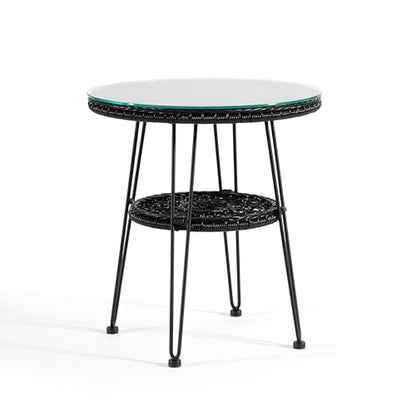 Furniture of America Ysar Boho 19-inch Round Coffee Table Outdoor with Tempered Glass Top and Metal Frame, Handcrafted Coastal Furniture for Patio, Poolside, Garden, Yard, Black - color: Black/19 In.