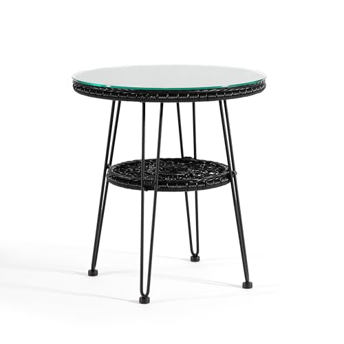 Furniture of America Ysar Boho 19-inch Round Coffee Table Outdoor with Tempered Glass Top and Metal Frame, Handcrafted Coastal Furniture for Patio, Poolside, Garden, Yard, Black - color: Black/19 In.