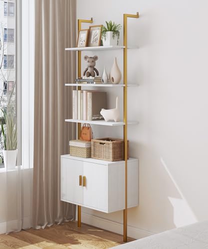 Yusong 73" Tall Bookshelf with Cabinet, Industrial Ladder Wall Mount Shelf Bookcase with Wood and Metal Frame, Plant Shelf Wall Storage Display for Living Room Bedroom, White Gold - color: White