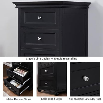 Tall Black Dresser for Bedroom with 7 Drawers, 52" Tall Skinny Dresser | Modern Black Tall Chest of Drawers Dresser，Wooden Lingerie Dresser Tall Narrow，Crown Molding and Solid Wood Ball Legs - color: Black