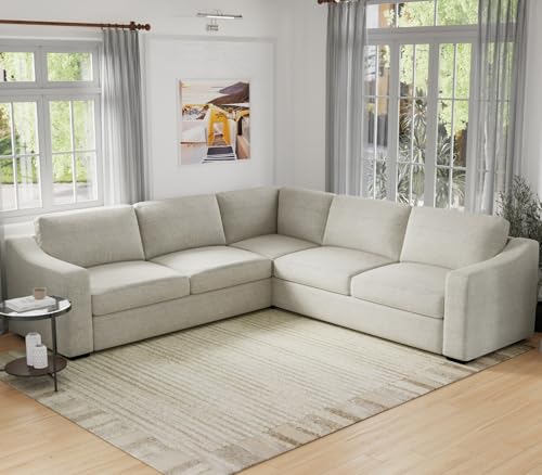 Convertible Sectional, L-Shaped Couch with Extra Deep Seats, Natural Linen Fabric Comfy Modern Corner Sofa for Living Room, Office, Oatmeal - color: Oatmeal, size: 112 Inch - V Shaped(5 Seat)