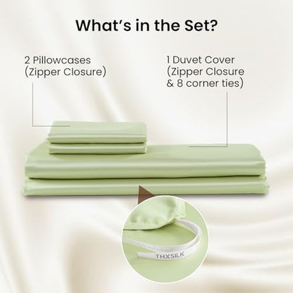 THXSILK Luxury Queen Silk Duvet Cover Set 3 Pieces, Extra Soft, Breathable & Cooling Bedding Set, Machine Washable & Durable, 1 Duvet Cover & 2 Pillowcases with Zipper Closure(Mint Green) - color: Mint Green, size: Queen (3 pcs)