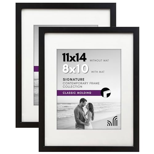Americanflat 11x14 Picture Frame with Shatter-Resistant Glass - Set of 2 - Use as 8x10 Frame with Mat or Display 11x14 Photo Without Mat - Signature Collection - Picture Frames for Wall - Black | Engineered Wood construction, Shatter-resistant glass, hang