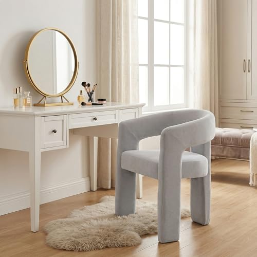 HNY Modern Chenille Barrel Single Dining Chair, Grey | Upholstered Accent Armchair With 18.9" Wide Seat No Assembly Required For Living Room Bedroom Vanity Small Spaces - color: Grey Chenille