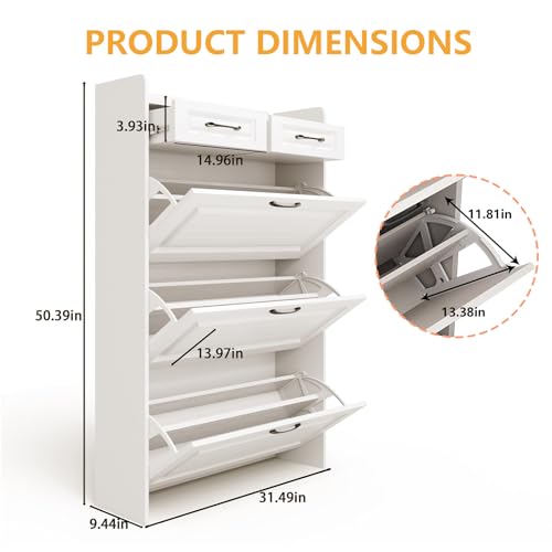 Lakifun Shoe Cabinet for Entryway, Narrow Shoe Storage Cabinet with 3 Flip Drawers and 2 Top Drawers, Modern Shoe Rack Organizer Cabinet for Hallway, Apartment, Living Room, White - color: White