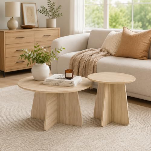 Nesting Coffee Table Set of 2, Round Wooden Coffee & Side Tables with Tapered Base, Natural Wood Finish, Modern Accent Furniture for Living Room Bedroom, Space-Saving Design - color: Natural Wood, size: Nesting Coffee Table Set