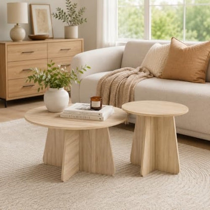 Nesting Coffee Table Set of 2, Round Wooden Coffee & Side Tables with Tapered Base, Natural Wood Finish, Modern Accent Furniture for Living Room Bedroom, Space-Saving Design - color: Natural Wood, size: Nesting Coffee Table Set