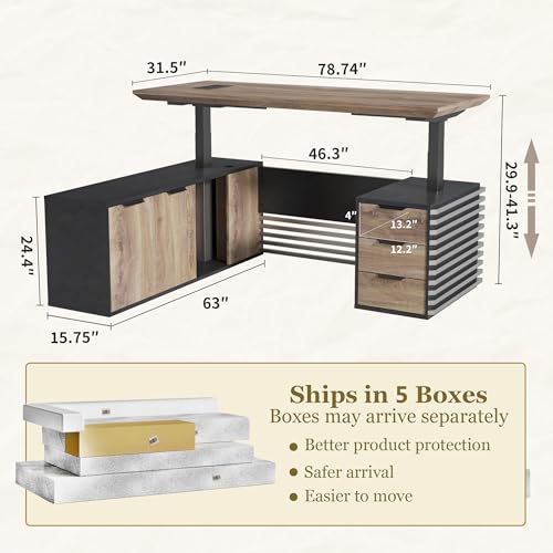SAINTCY L Shaped Executive Standing Desk with Drawers, 78.74In Large Adjustable Heigh Office Desk with Power Outlet Hub,2.56" Thick Floating Desktop,for Home Office, Studio - color: Right, size: 62.99"D x 78.74"W x 29.5"H
