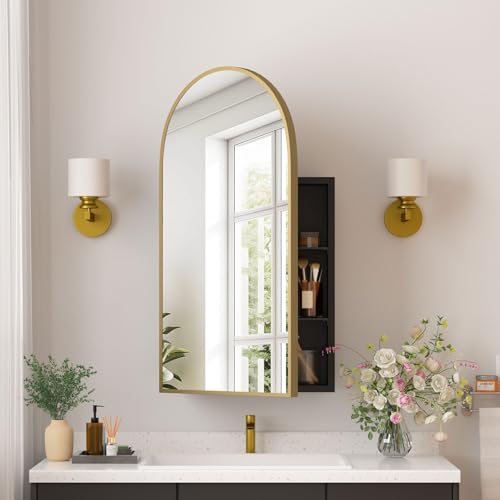 Medicine Cabinets for Bathroom, Brush Gold Arched Medicine Cabinet Recessed or Surface Wall-Mounted,Modern Bathroom Vanity Mirror with Storage, Mirrored Cabinet with Adjustable Shelves,16x31 Inch - color: Gold, size: 16*31inch