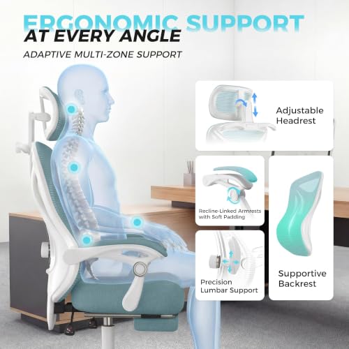 CYKOV Ergonomic Office Chair, Reclining, Footrest, Adjustable Lumbar, 350LB | 4-Way Headrest (4.72" + 60°), 2-Way Lumbar (2" + 1.18"), 90-135° Recline, Breathable Mesh, Gaming & Office, 5-Year Warranty - color: W-blue