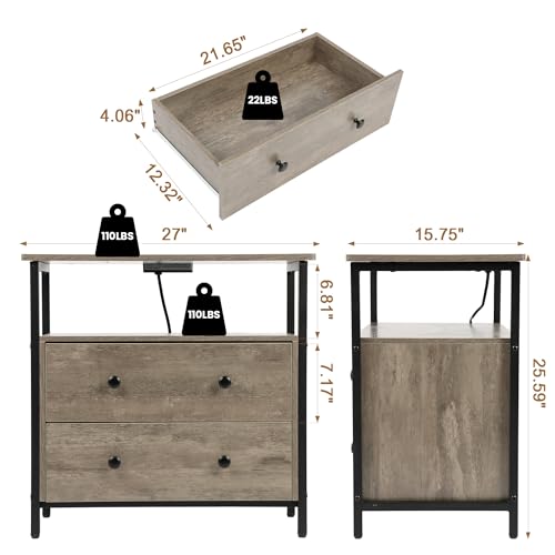 Edbuosy 27" Wide Nightstand with Charging Station & 2 Drawer, Rustic Gray | Small Dresser for Closet, 2 AC Outlets & 2 USB Ports, Open Shelf, Adjustable Feet, Wood Nightstand for Living Room or Bedroom - color: Rustic Gray, size: 2 Drawer