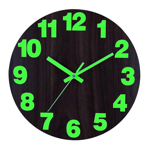 Plumeet Night Light Wall Clock, 16 Inch Wooden Glow in the Dark Clock for Bedroom, Extra Large Silent Lighted up Wall Clock Luminous Numerals and Hands, Battery Operated for Living Room/Kitchen, Brown