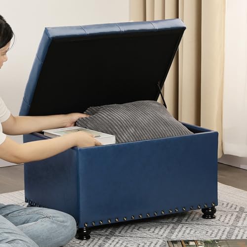Faux Leather Storage Ottoman Bench Rectangle 24 Inch Foot Rest Ottomans - color: Blue Faux Leather