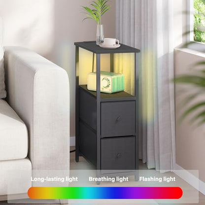TUTOTAK Narrow LED End Table with Charging Station, Skinny Side Table | Bedside Table with Outlets, Nightstand with 2 Cloth Drawers, Couch Table for Living Room, Bedroom, Black TB01BK056 - color: Black, style: 2 Drawers with Plug & Light