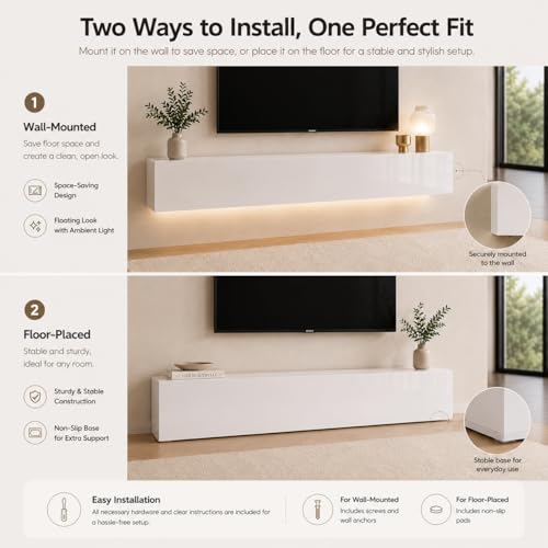 63" Floating TV Stands for Living Room w/ Storage, LED Entertainment Center | Fits TVs up to 70", Glossy Front, Hidden Storage, Wall Mounted, Cable Management, RGB LED, Easy to Clean, Modern Style - color: White
