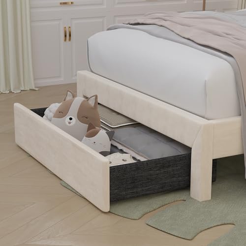Twin Size Bed Frame with Adjustable Headboard and Storage Drawer, Upholstered Bed Frame Twin with RGB LED Lights and Charging Station, Easy Assembly, No Box Spring Needed, Off White - color: Off White, size: Twin