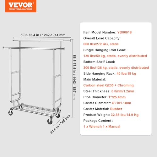 VEVOR Clothes Rack, Rolling Clothing Garment Rack, Extendable Carbon Steel Clothing Racks with Wheels for Bedroom, Laundry, Living Room - style: 2Rod,21.5"D x 75.4"W x 73.5"H