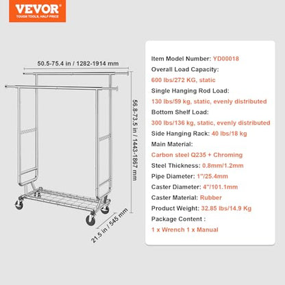 VEVOR Clothes Rack, Rolling Clothing Garment Rack, Extendable Carbon Steel Clothing Racks with Wheels for Bedroom, Laundry, Living Room - style: 2Rod,21.5"D x 75.4"W x 73.5"H