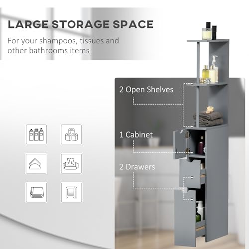 HOMCOM 54" Tall Bathroom Storage Cabinet, Freestanding, 2-Tier Shelf, Grey | Linen Tower, Drawers, Narrow Side Floor Organizer - color: Grey