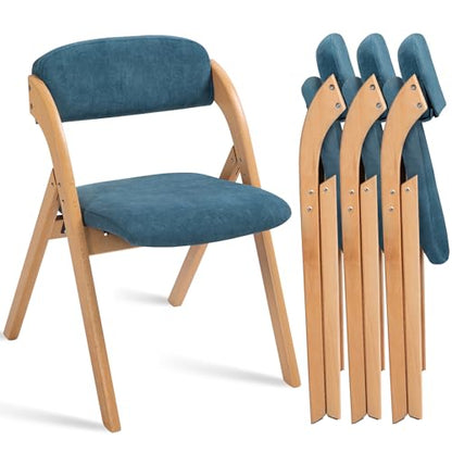Folding Chairs with Cushion Padded Foldable Chiars 4 Pack | Wooden Dining Seat with Removable Cover Extra for Guests Kitchen Office Wedding Party Picnic, Smog Blue - color: Smog Blue, size: 4PCS