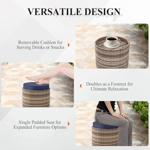 Cabana Chic Nesting Tables with Ottomans, Outdoor Round Side Table, Nesting Coffee Table Set, 2 Tables 1 Ottoman, Brown/Blue - color: Brown/Blue