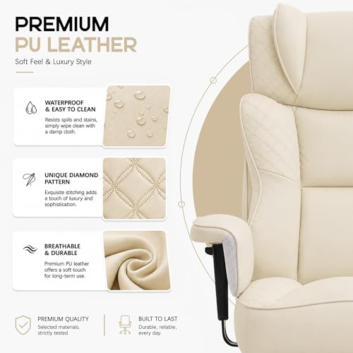 Office Desk Chair, High-Back Big and Tall Leather Chair with Footrest | Ergonomic Reclining Computer Chairs, Comfy Executive Wide Chair with Lumbar Support, Adjustable Armrests, 400LBS (Beige) - color: Beige