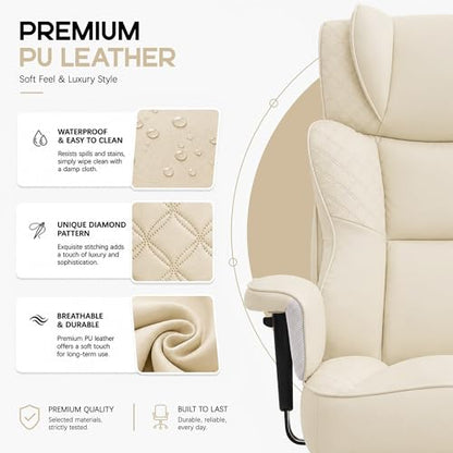 Office Desk Chair, High-Back Big and Tall Leather Chair with Footrest | Ergonomic Reclining Computer Chairs, Comfy Executive Wide Chair with Lumbar Support, Adjustable Armrests, 400LBS (Beige) - color: Beige