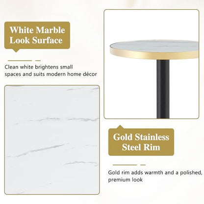 TesNus 23.6" Small Round Dining Table for 2, Circle Tulip Table, Faux Marble Top with Gold Metal Pedestal Base, Modern Leisure Coffee Table for Small Spaces, Cafe, Office, White&Gold - color: White Top&black Leg&gold Base