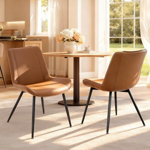 Dining Chairs Set of 2, PU Leather Armless with Metal Legs Brown | Fits Dining Rooms, Kitchens, Waiting room, Living rooms, Offices & Cafes, Easy to Clean Easy to assemble Adjustable Foot Pads - color: Brown