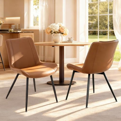 Dining Chairs Set of 2, PU Leather Armless with Metal Legs Brown | Fits Dining Rooms, Kitchens, Waiting room, Living rooms, Offices & Cafes, Easy to Clean Easy to assemble Adjustable Foot Pads - color: Brown