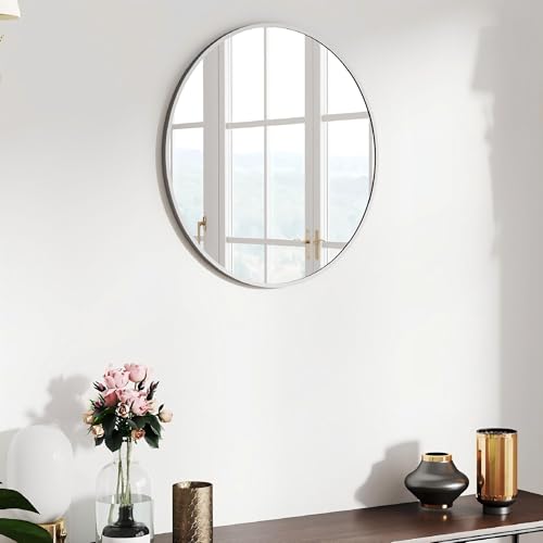 SCWF-GZ 20" Round Mirror Circle Wall Mounted Hanging or Against Wall Metal Frame Dressing Make-up Mirrors for Entryway Bedroom Bathroom Living Room 20 inch Silver | HD Crystal Clear No distortion Tempered Glass,Aluminum Frame,Make-Up Mirrors for Bedroom,E