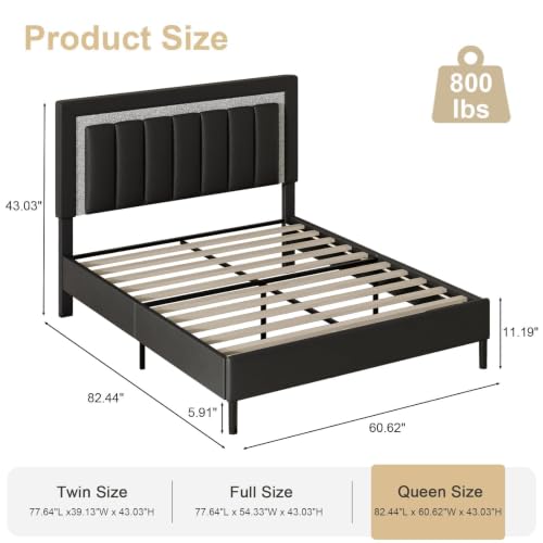HOMBCK Queen Bed Frame with Headboard, Bed Frame Queen Size with Diamond Vertical Design,Platform Bed Frame with Faux Leather Upholstered,Wooden Slats - No Box Spring Needed, Black - color: Black, size: Queen