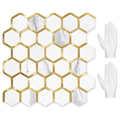 STICKGOO Hexagon Peel and Stick on Backsplash for Kitchen and Bathroom, White Marble Look PVC Mixed Metal Gold Self Adhesive Metal Mosaic Tiles(10 Sheets, Seamless) - color: White Marble with Metal Gold