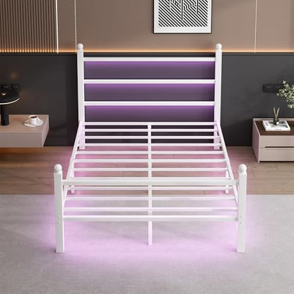 CLIBFENG Queen Size Bed Frame with Headboard and Footboard,Steel Slats Support-LED Bed Frame with USB Charging Station,Mattress Foundation-Under Bed Storage,No Box Spring Needed,Noise Free,White - size: Queen, style: White