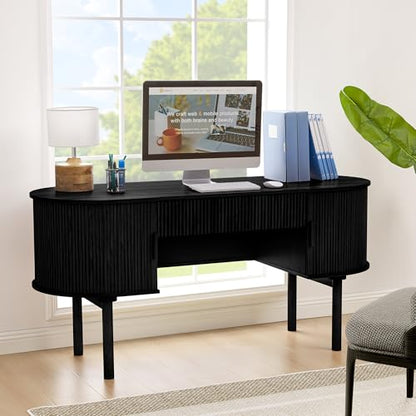 Executive Office Desk with Storage, 63 Inch Large Computer Workstation Desk with Drawer and File Cabinets, Mid Century Modern Fluted Wood Writing Desk for Home Office, Study Room, Living Room, Black - color: Black