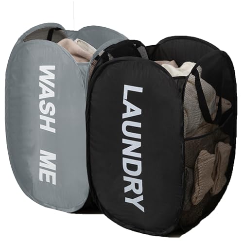 Collapsible Mesh Pop Up Laundry Hamper 2Pack Foldable Laundry Basket for clothing, stuffed animals, towels, for Laundry Room, Dorm, Apartment (Black+Grey) - color: Black + Grey
