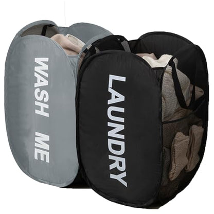 Collapsible Mesh Pop Up Laundry Hamper 2Pack Foldable Laundry Basket for clothing, stuffed animals, towels, for Laundry Room, Dorm, Apartment (Black+Grey) - color: Black + Grey
