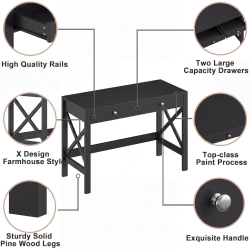 ChooChoo 40 Inches Farmhouse Computer Desk with 2 Drawers | Wooden Writing Desk, Study Desk for Home Office, Makeup Vanity, Black - color: Black, size: 40inch without Power Outlet