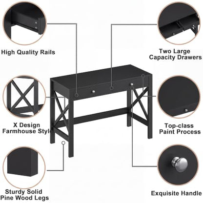 ChooChoo 40 Inches Farmhouse Computer Desk with 2 Drawers | Wooden Writing Desk, Study Desk for Home Office, Makeup Vanity, Black - color: Black, size: 40inch without Power Outlet
