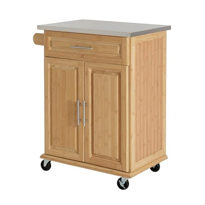 Christopher Knight Home ZAH Bamboo Rolling Cart with Drawers, Kitchen Bar Cart on Wheels with Stainless Steel Top, Mobile Rolling Kitchen Cart Storage Cabinet, Serving Cart, 29.13'' x 18.5'', Natural - size: Small