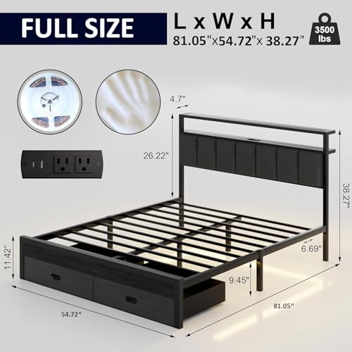 Full Bed Frames with Storage Drawer, Platform Bed with Charging Station and LED Lights, Upholstered Headboard with 2-Tier Storage Shelves, No Box Spring Needed - size: Full, style: Modern